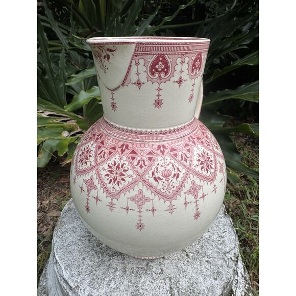 Antique Sarreguemines “Calcutta” Pitcher Red Transferware French Faeince 9” - Picture 4 of 15